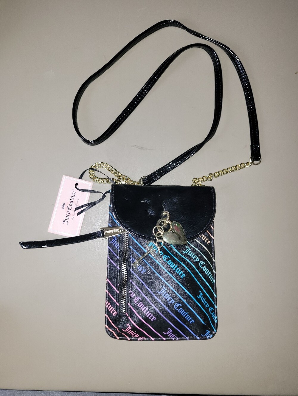 NWT - Juicy Couture Black Crossbody Phone Bag with Heart Charm & Key.
